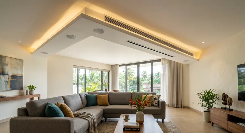 Floating ledge living room false ceiling at an Irinjalakuda apartment