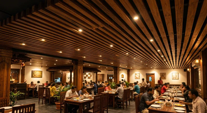 Wooden slat false ceiling with warm spot lighting at a Kunnamkulam restaurant