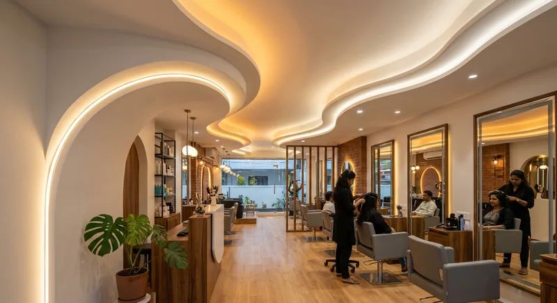 Curved LED cove false ceiling in a Patturaikkal salon, Thrissur