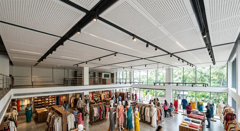 Perforated gypsum acoustic ceiling in a Round North fashion showroom