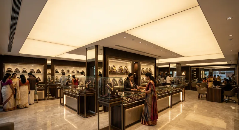 Backlit translucent stretch false ceiling in an Aranattukara jewellery showroom