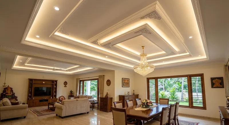 Triple layer gypsum tray ceiling in a Kodungallur villa
