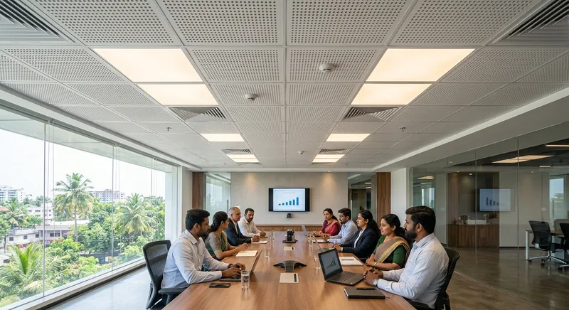 Acoustic false ceiling tiles in a Thrissur office conference room
