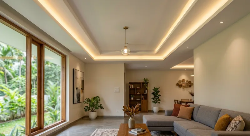 Layered gypsum false ceiling with cove lighting in a Thrissur living room