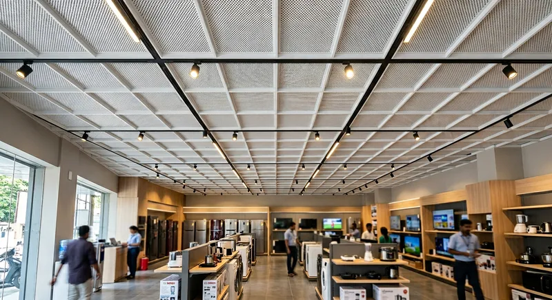 Aluminium grid metal false ceiling in a Thrissur showroom