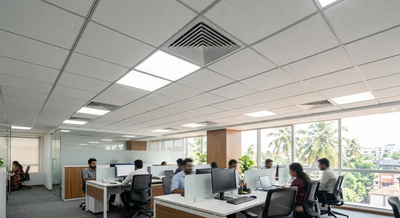 Suspended grid commercial false ceiling in a Thrissur office