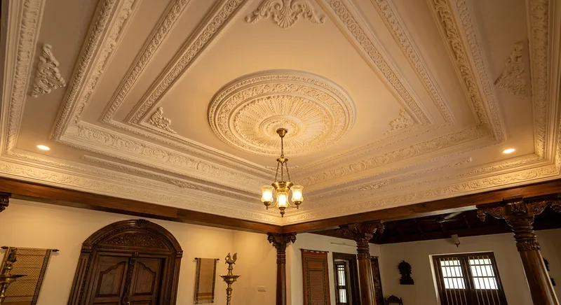 POP false ceiling with moulded cornice and pendant light in a Thrissur villa