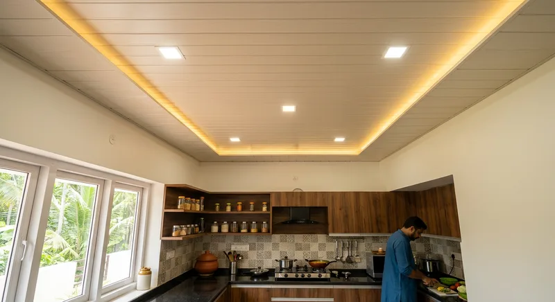 PVC false ceiling installed in a Thrissur kitchen with downlights